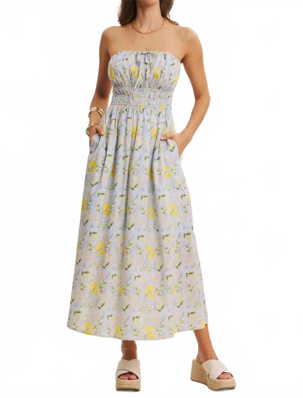 NEW IN FEBRUARY lemon blossom tube cotton midi dress in blue